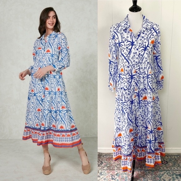 Ro's Garden Jinette Maxi Blue Ozzie Orange White Button Front Cotton Size XS - Picture 1 of 15